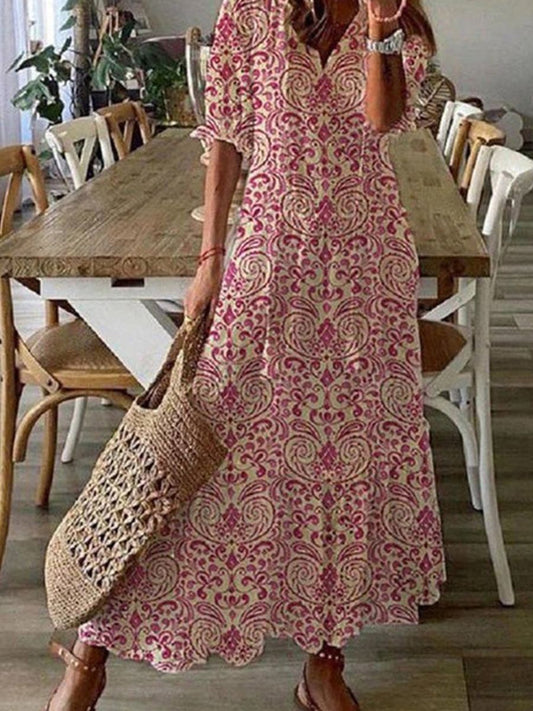 Red Casual V Neck Printed Short Sleeve Dress
