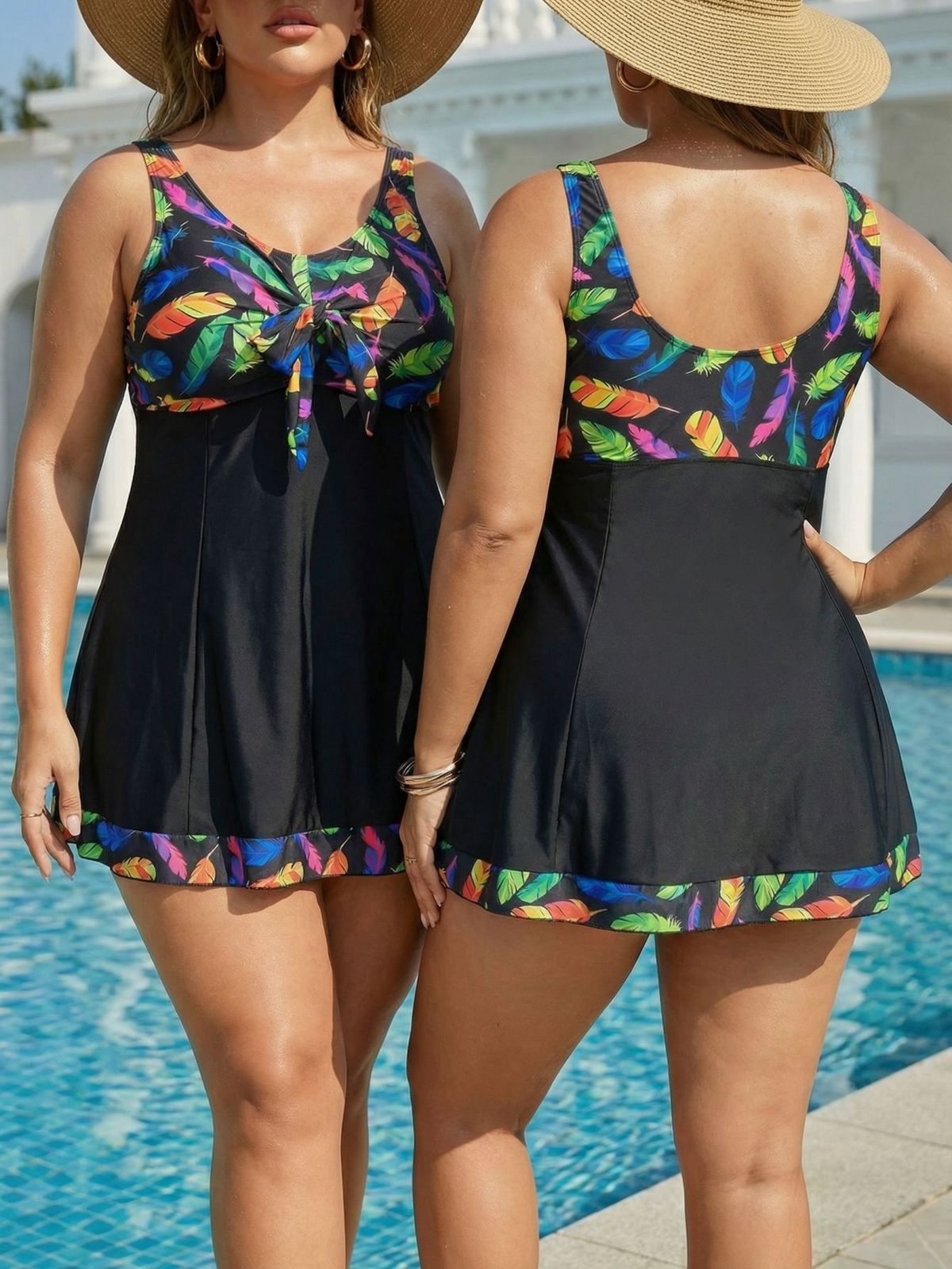 Plus Size Colorful Feather Pattern V-Neck Knotted A-Line Swim Dress and Bike Shorts