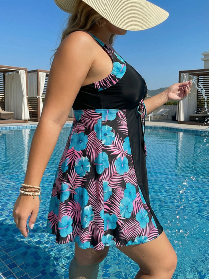 Plus Size Tropical Floral Pattern V-Neck Drawstring Double Straps Swim Dress and Bike Shorts