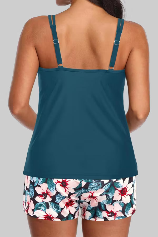 Women's Athletic Tankini Set with Side Pockets — Tummy Control Two-Piece Swimsuit & Swim Shorts
