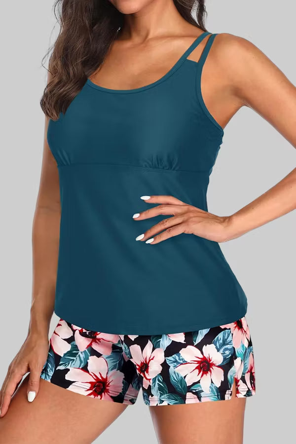 Women's Athletic Tankini Set with Side Pockets — Tummy Control Two-Piece Swimsuit & Swim Shorts