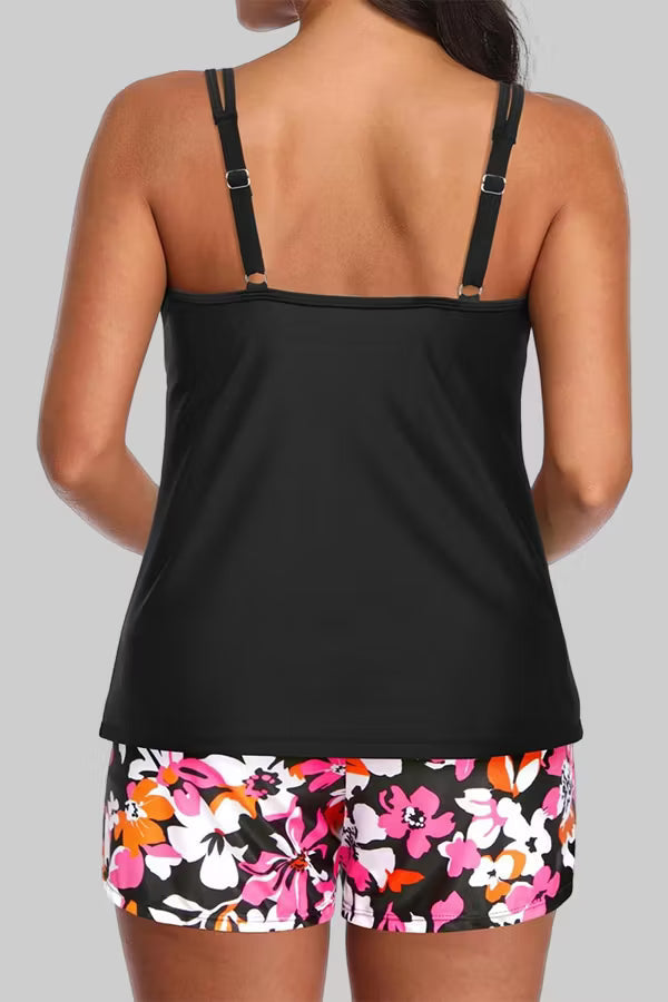 Women's Athletic Tankini Set with Side Pockets — Tummy Control Two-Piece Swimsuit & Swim Shorts