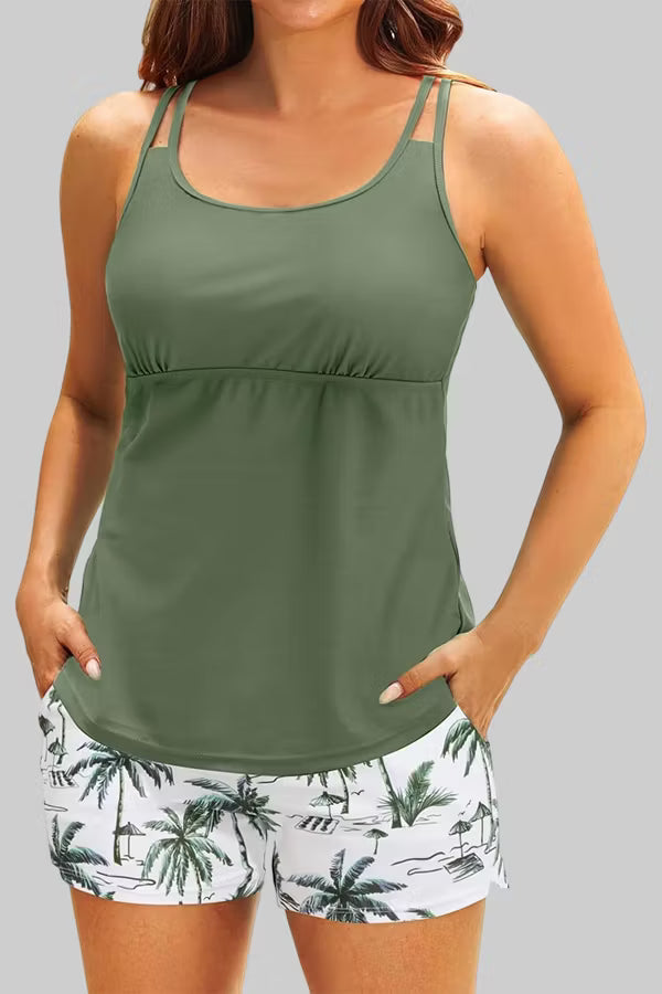 Women's Athletic Tankini Set with Side Pockets — Tummy Control Two-Piece Swimsuit & Swim Shorts