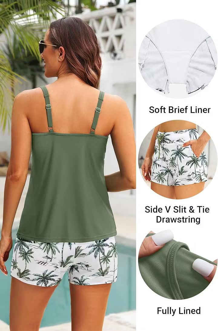 Women's Athletic Tankini Set with Side Pockets — Tummy Control Two-Piece Swimsuit & Swim Shorts