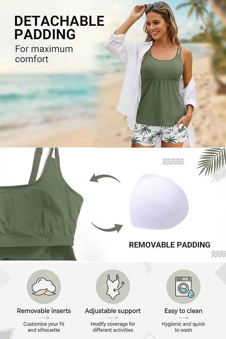 Women's Athletic Tankini Set with Side Pockets — Tummy Control Two-Piece Swimsuit & Swim Shorts