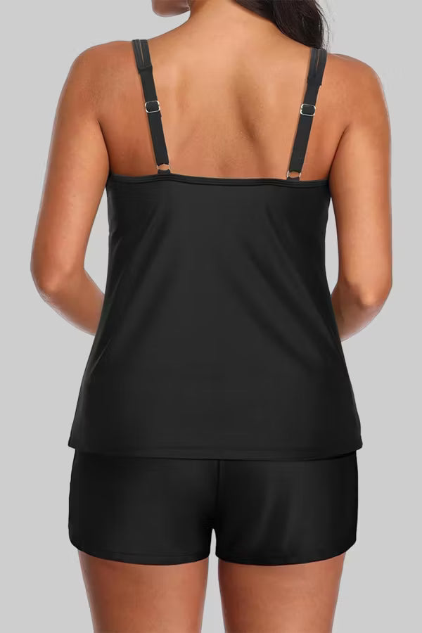 Women's Athletic Tankini Set with Side Pockets — Tummy Control Two-Piece Swimsuit & Swim Shorts