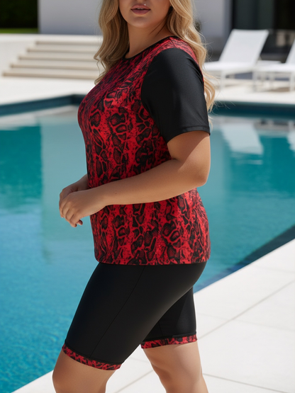 Plus Size Red Animal Pattern Short-Sleeve Tankini Top and Bike Shorts