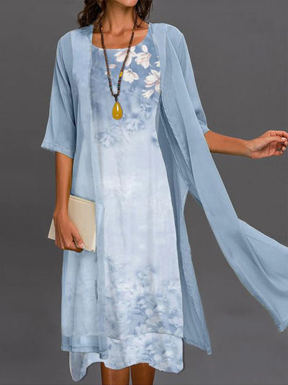Women's Floral Print Midi Dress with Sheer Long Cardigan Set