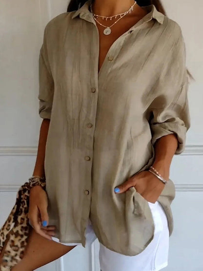 Solid Casual Buttoned Loose V Neck Blouse