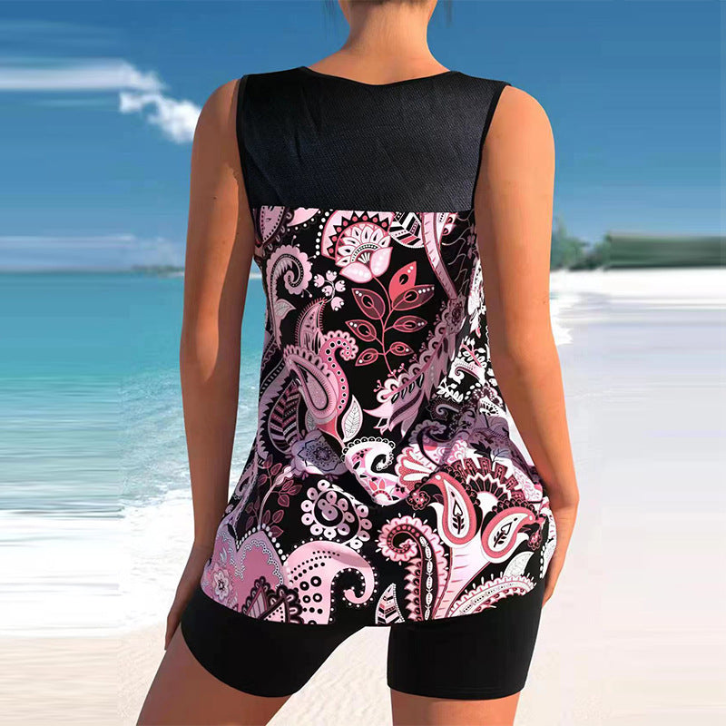Women's Hawaiian Print Tankini Set with Side Slit