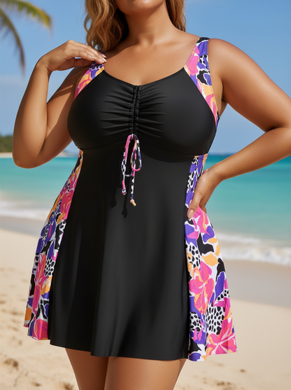 Plus Size Side Floral Pattern V-Neck Drawstring Double Straps Swim Dress and Bike Shorts