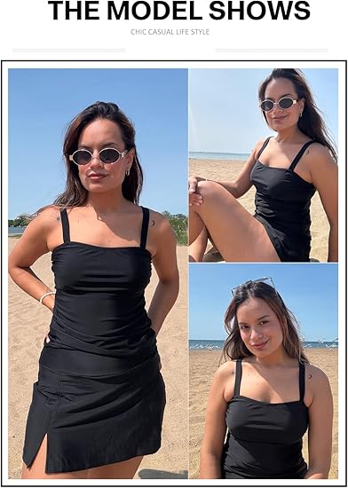 Vintage Women's High-Waisted Tummy Control Two-Piece Tankini Swimsuit with Skirt & Push-Up
