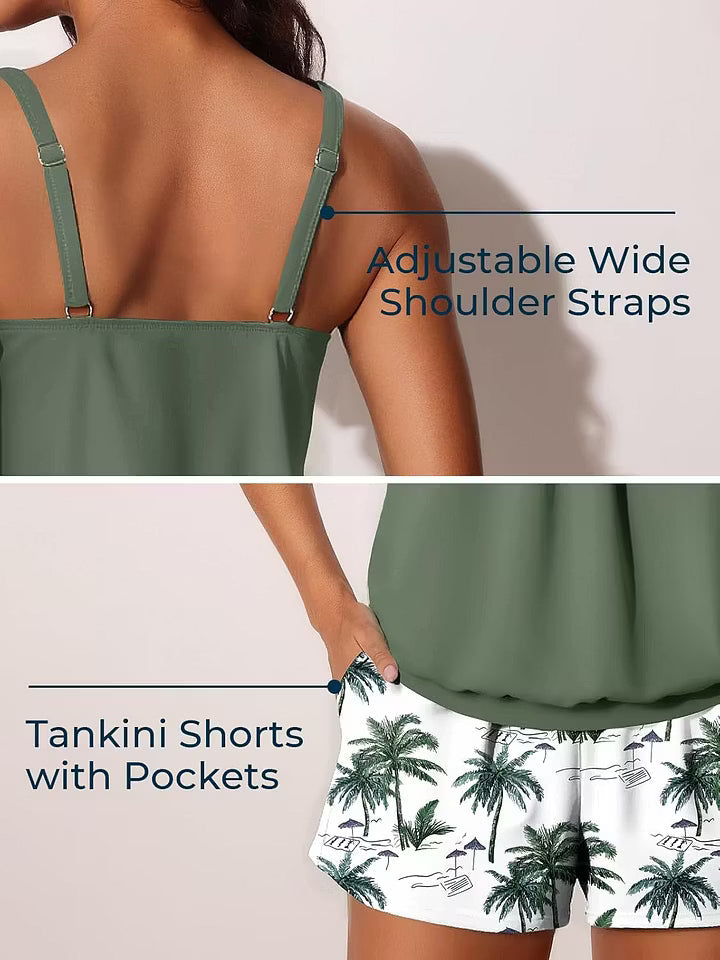 Women's Modest Blouson Tankini with Pockets — Tummy Control Swimsuit & Swim Shorts