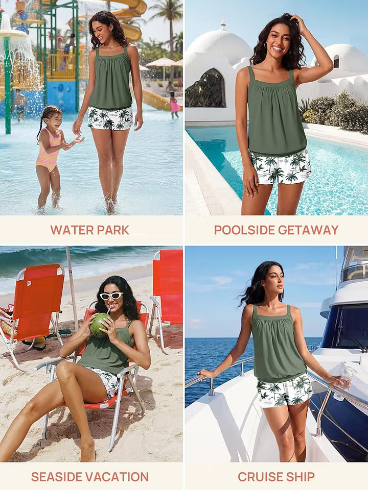 Women's Modest Blouson Tankini with Pockets — Tummy Control Swimsuit & Swim Shorts