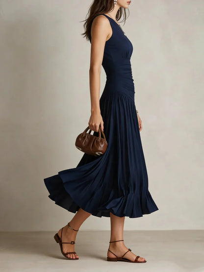 Navy Round Neck Sleeveless Plain Midi Dress