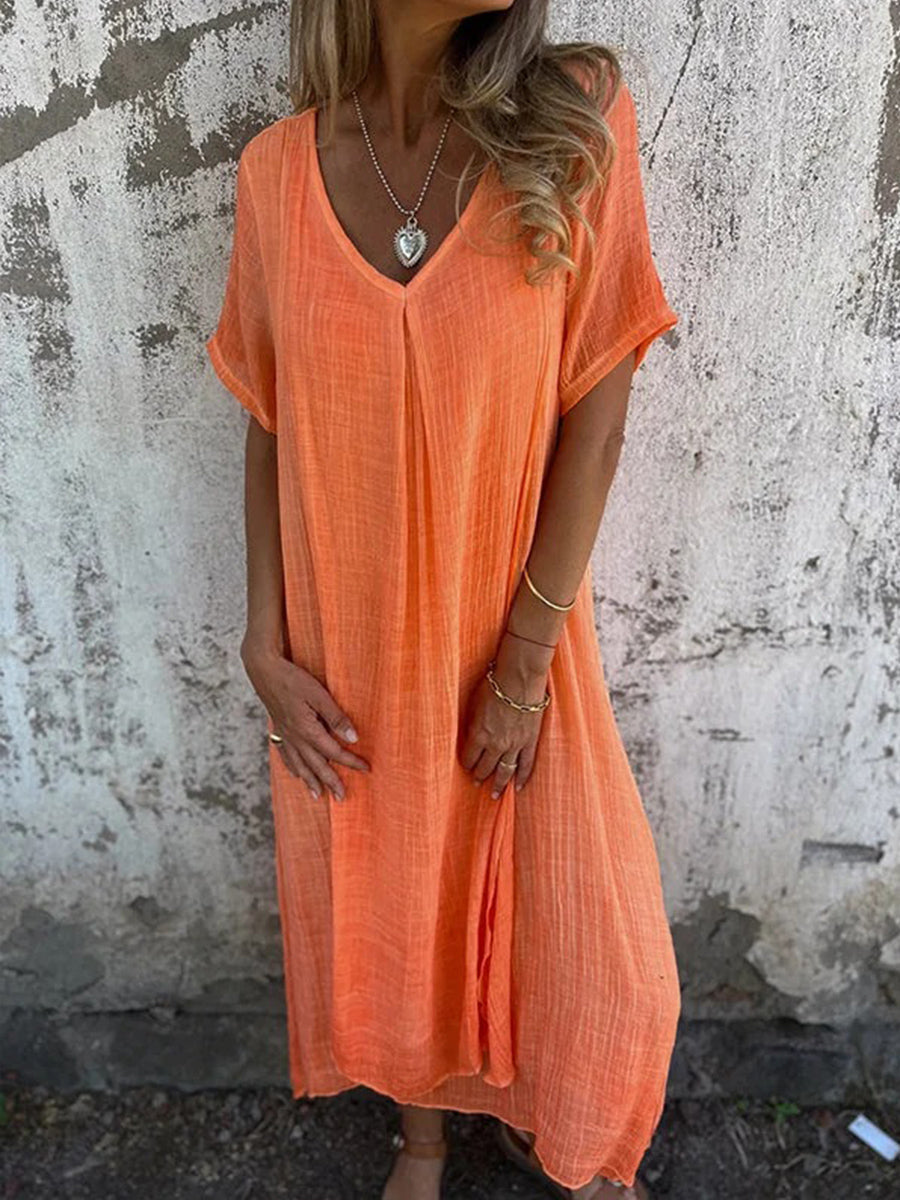 Cotton And Linen V-Neck Midi Dress