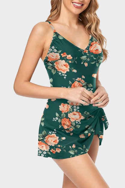 Tropical-inspired Green Floral V-Neck One-Piece Swimsuit