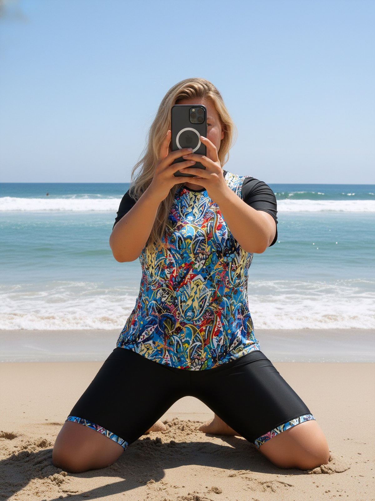 Plus Size Colorful Abstract Pattern Short-Sleeve Tankini Top and Bike Shorts