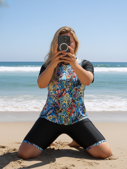 Plus Size Colorful Abstract Pattern Short-Sleeve Tankini Top and Bike Shorts