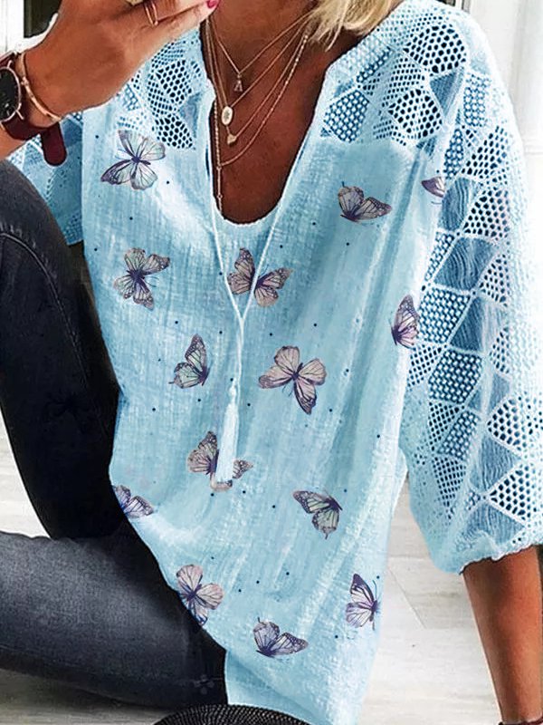 Women's Loose Fit Butterfly Print Mesh Sleeve Top