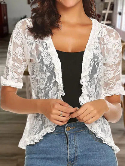 White Casual Lace Printed Half Sleeve Cardigan