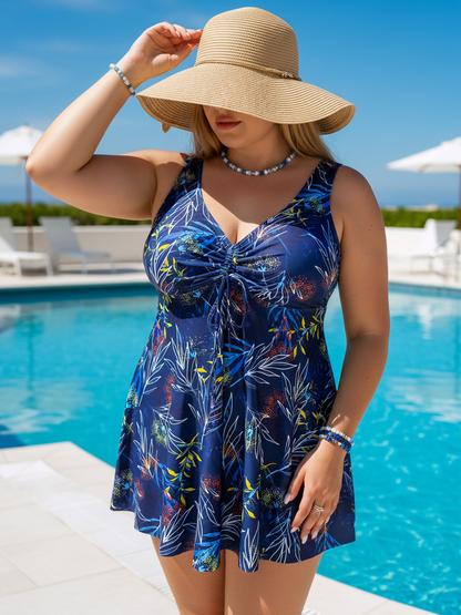 Plus Size Blue Leaf Pattern V-Neck Knotted Swim Dress and Bike Shorts