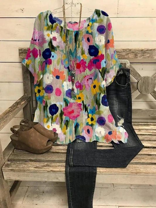 Women's Summer Casual Floral Print Short Sleeve Loose Blouse