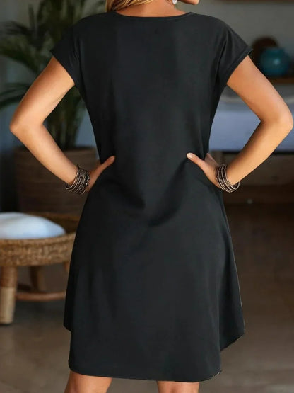 Comfortable Black Round Neck Short Sleeve Mini Dress