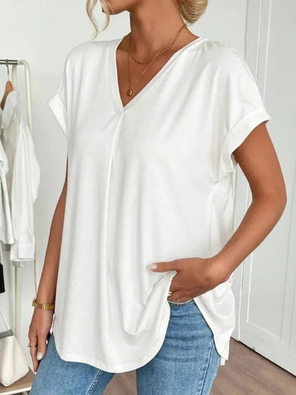 Elegant Solid Colour V-neck Short Sleeve Blouse