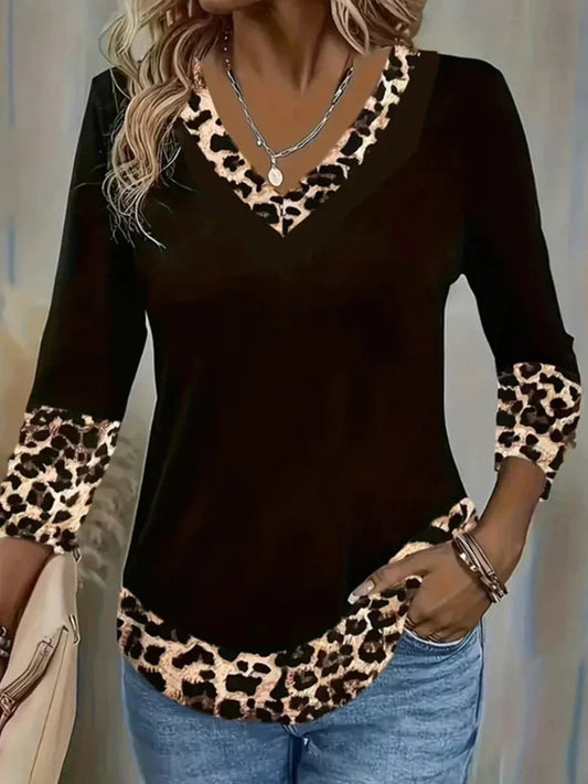 Casual Leopard Print V-neck Long Sleeve T-Shirt