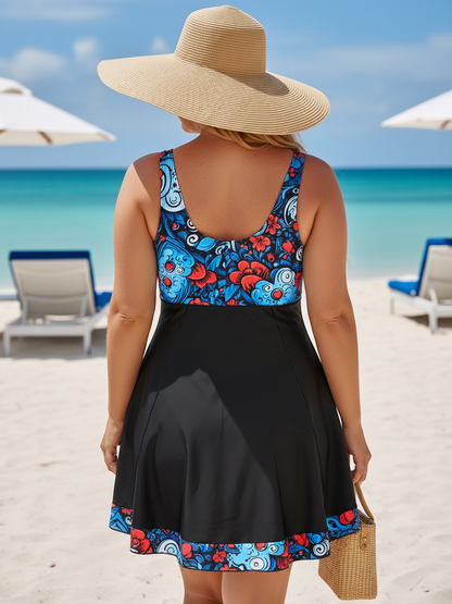 Plus Size Blue Wave Pattern V-Neck Knotted A-Line Swim Dress and Bike Shorts