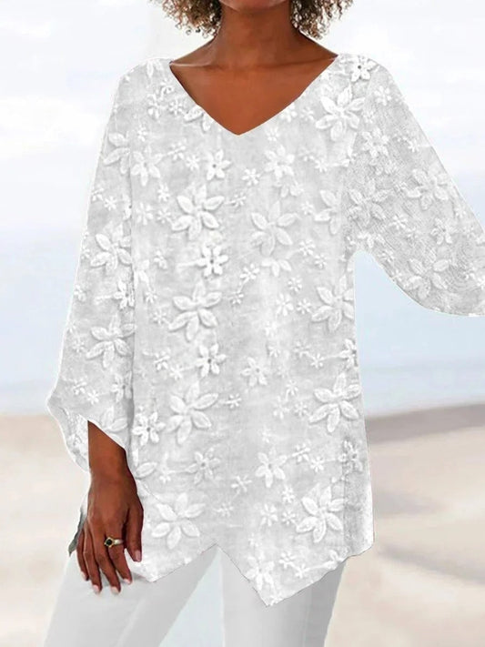 Elegant White Floral Lace V Neck Long Sleeve Blouse