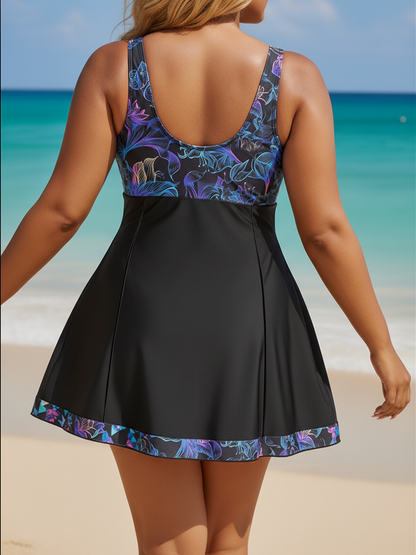 Plus Size Blue Jellyfish Pattern V-Neck Knotted A-Line Swim Dress and Bike Shorts