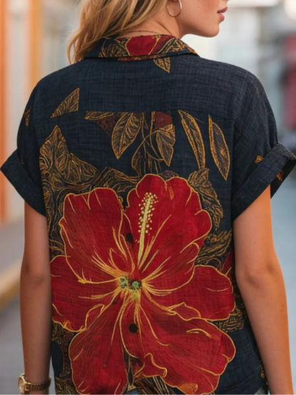 Bold Tropical Hibiscus Print Short Sleeve Top