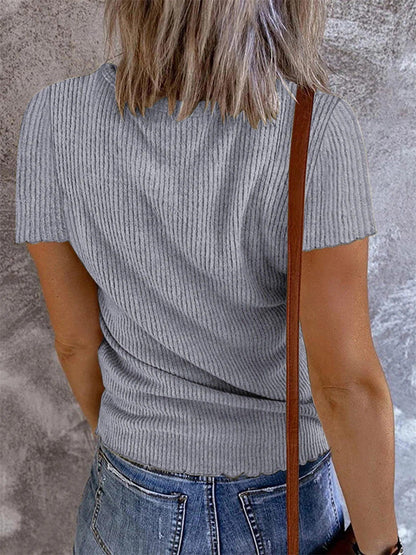 Women?ˉs Ribbed V Neck Henley Short Sleeve Slim Fit Casual Knit Top