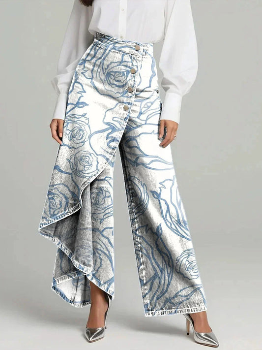 Women's Vintage Flowers Floral Patterns Print High-waisted Relaxed Fit Wide-leg Jeans