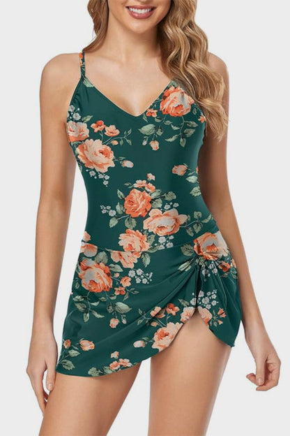 Tropical-inspired Green Floral V-Neck One-Piece Swimsuit