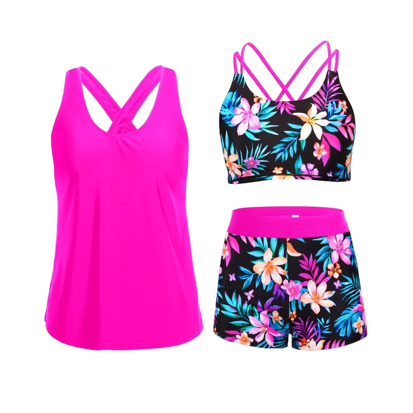 Women's 3-Piece Sporty Tankini Set — Athletic Swim Top, Boyshorts & Pockets