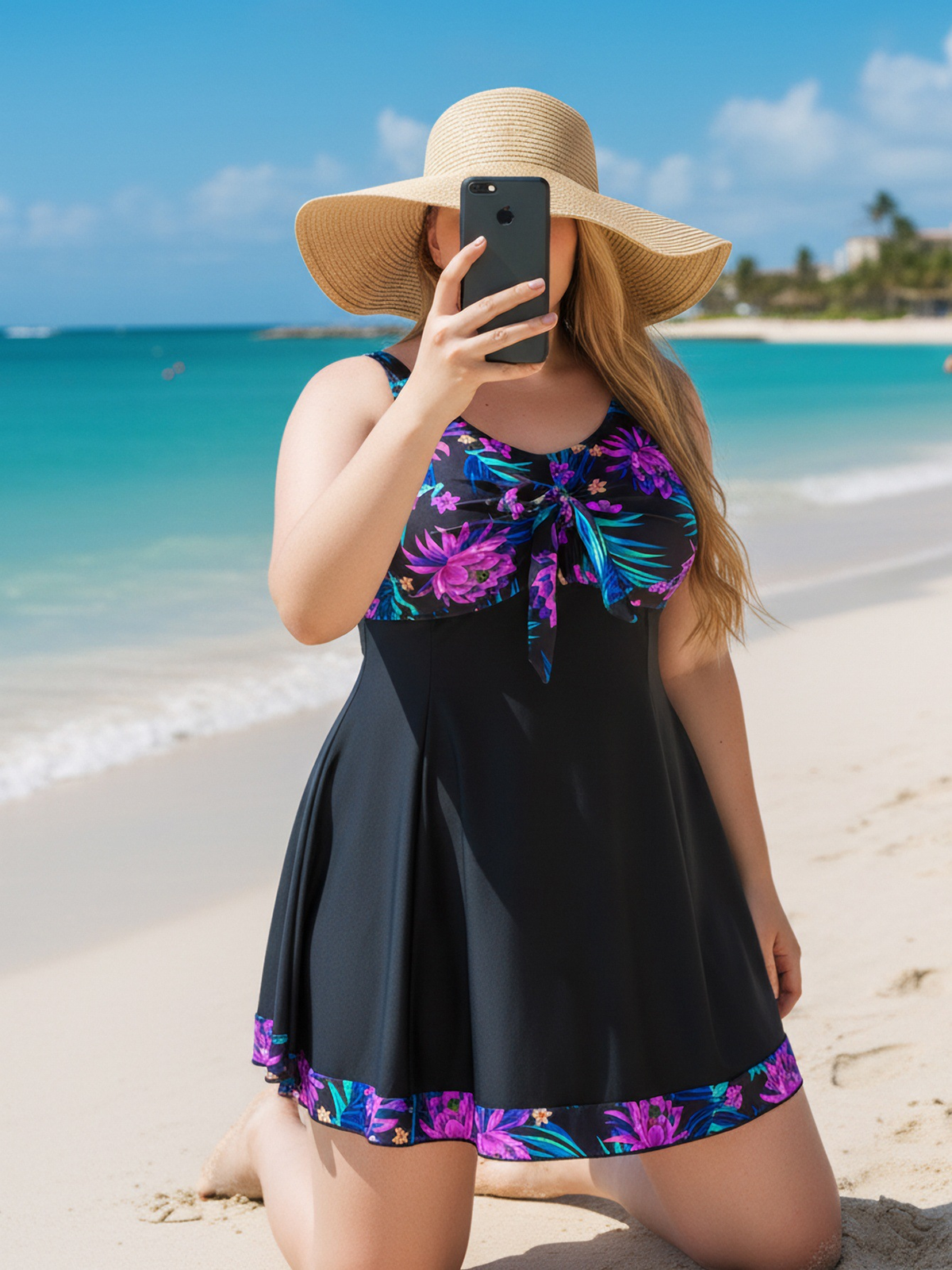 Plus Size Purple Floral Pattern V-Neck Knotted A-Line Swim Dress and Bike Shorts