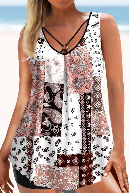 Tribal Print Ring Detail Pink Tankini Set