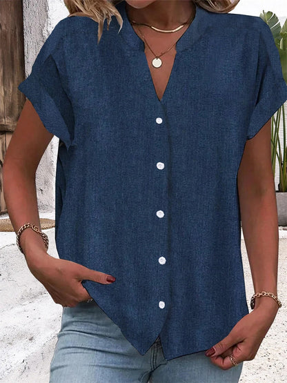 Plain V Neck Buttoned Short Sleeve Blouse