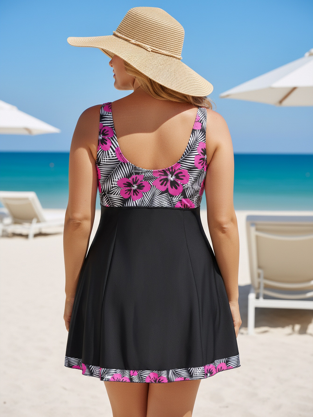 Plus Size Pink Floral Pattern V-Neck Knotted A-Line Swim Dress and Bike Shorts