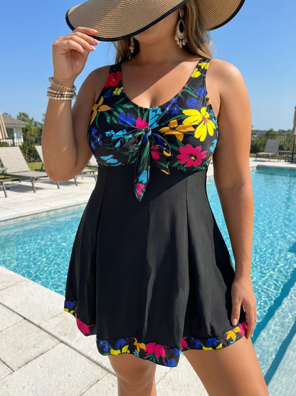 Plus Size Yellow Floral Pattern V-Neck Knotted A-Line Swim Dress and Bike Shorts