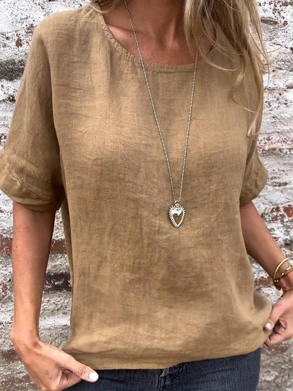 Solid Round Neck Half-Sleeved Blouse