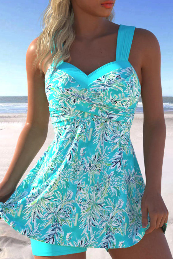 Surplice Cyan Leaf Print Swimdress with Shorts Two Piece Suit