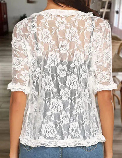 White Casual Lace Printed Half Sleeve Cardigan