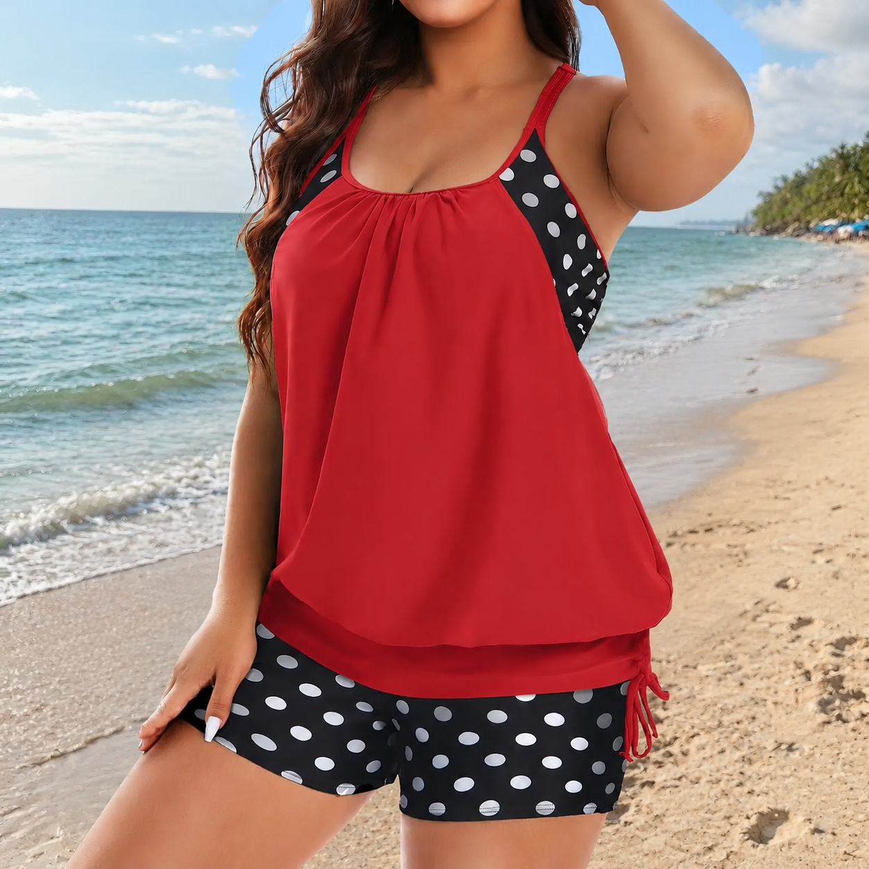 Loose Blouson Top Plus Size Two-Piece Bathing Suit  Women's Relaxed-Fit Tankini Swimwear
