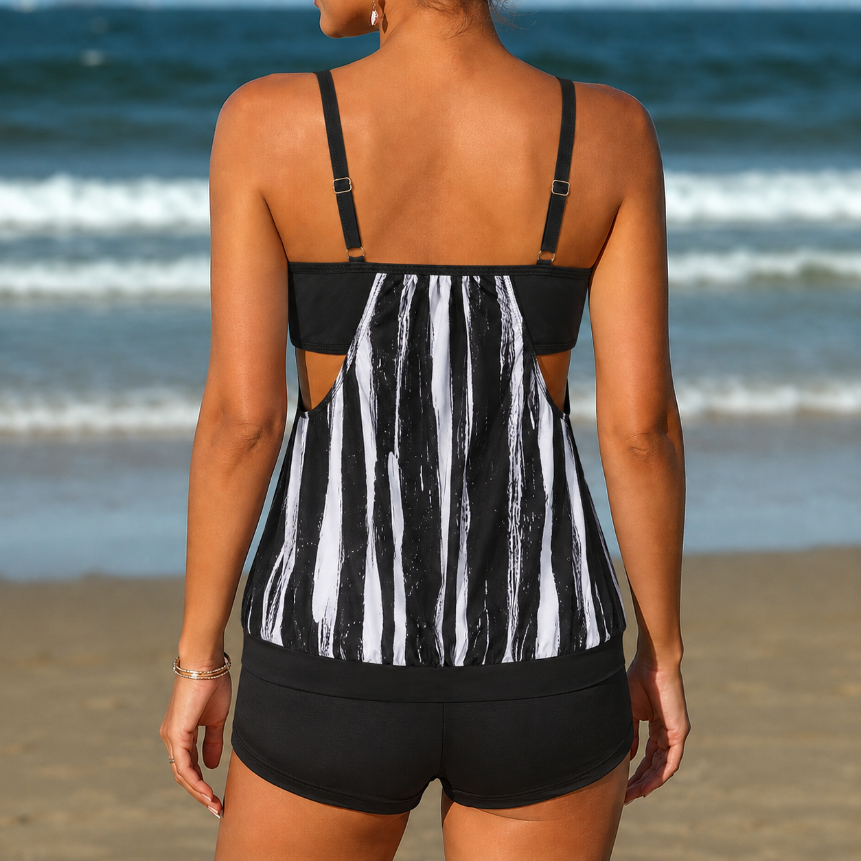 Black & White Abstract Tummy Coverage Adjustable Strap Tankini Top and Shorts