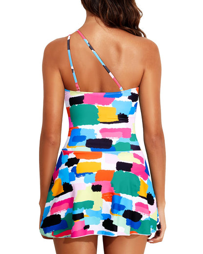 Women One Piece Swim Dress One Shoulder Swimsuit with Skirt