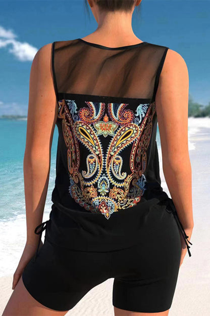 Women's Black Bohemia Print Tankini Set with Side Slit
